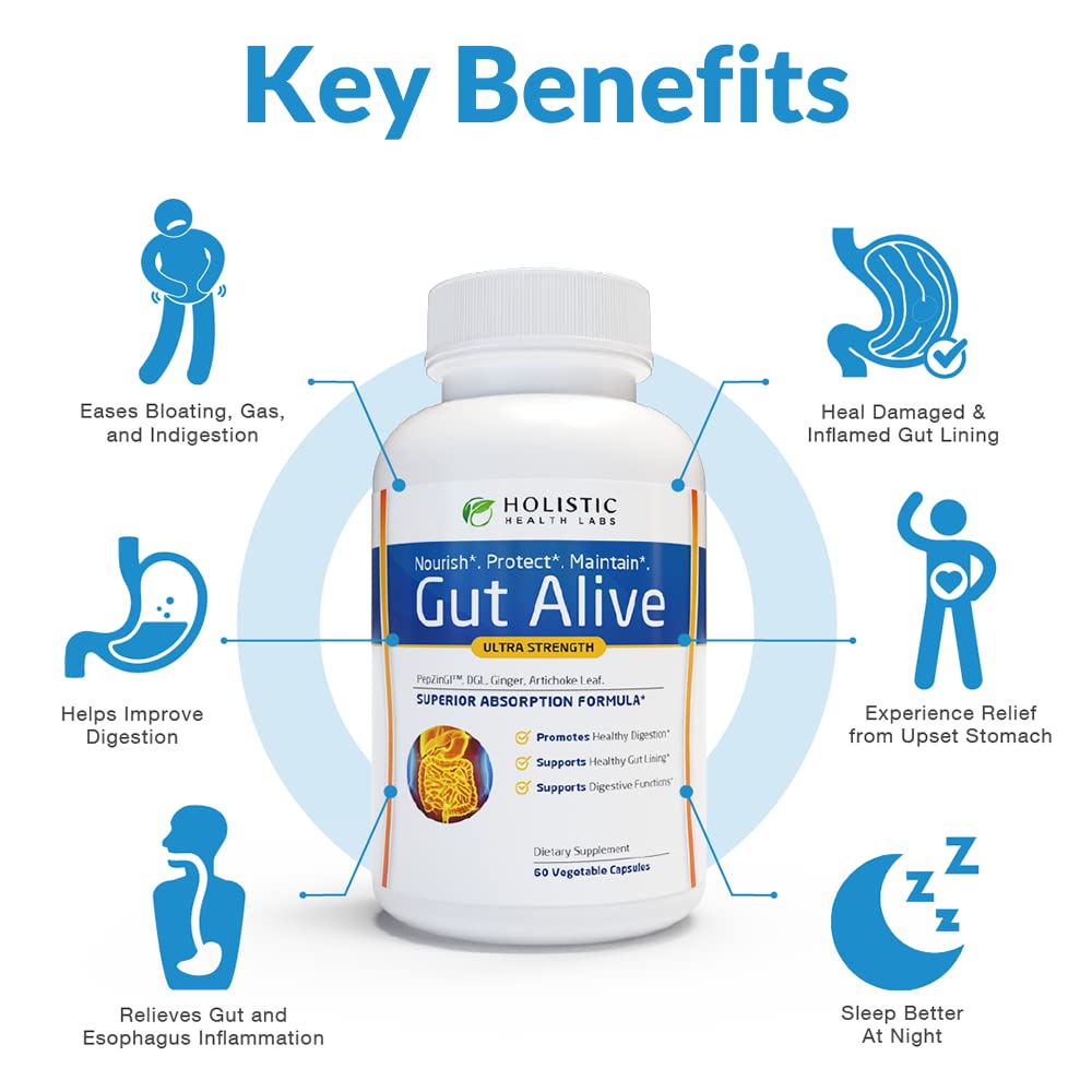 Gut Alive - All Natural Support to Fight IBS, Heartburn, Acid Indigestion, Acid Reflux, Bloating & Gas. Unique Formulation (60 Count )
