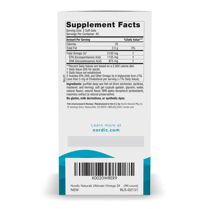 Nordic Naturals Ultimate Omega 2X, Lemon Flavor - 180 Soft Gels - 2150 mg Omega-3 - High-Potency Fish Oil with EPA & DHA - Promotes Brain & Heart Health - Non-GMO - 90 Servings