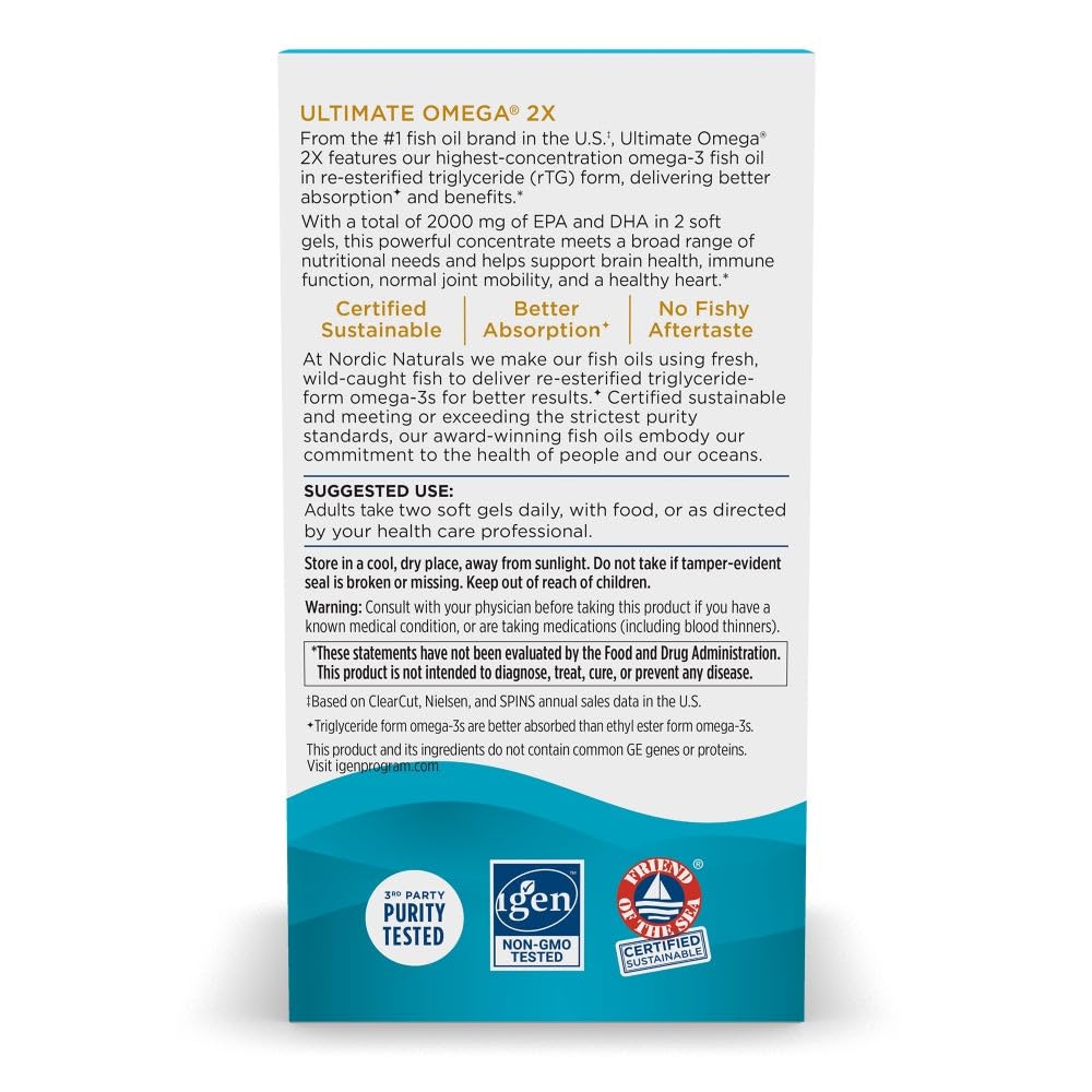 Nordic Naturals Ultimate Omega 2X, Lemon Flavor - 180 Soft Gels - 2150 mg Omega-3 - High-Potency Fish Oil with EPA & DHA - Promotes Brain & Heart Health - Non-GMO - 90 Servings
