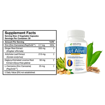 Gut Alive - All Natural Support to Fight IBS, Heartburn, Acid Indigestion, Acid Reflux, Bloating & Gas. Unique Formulation (60 Count )