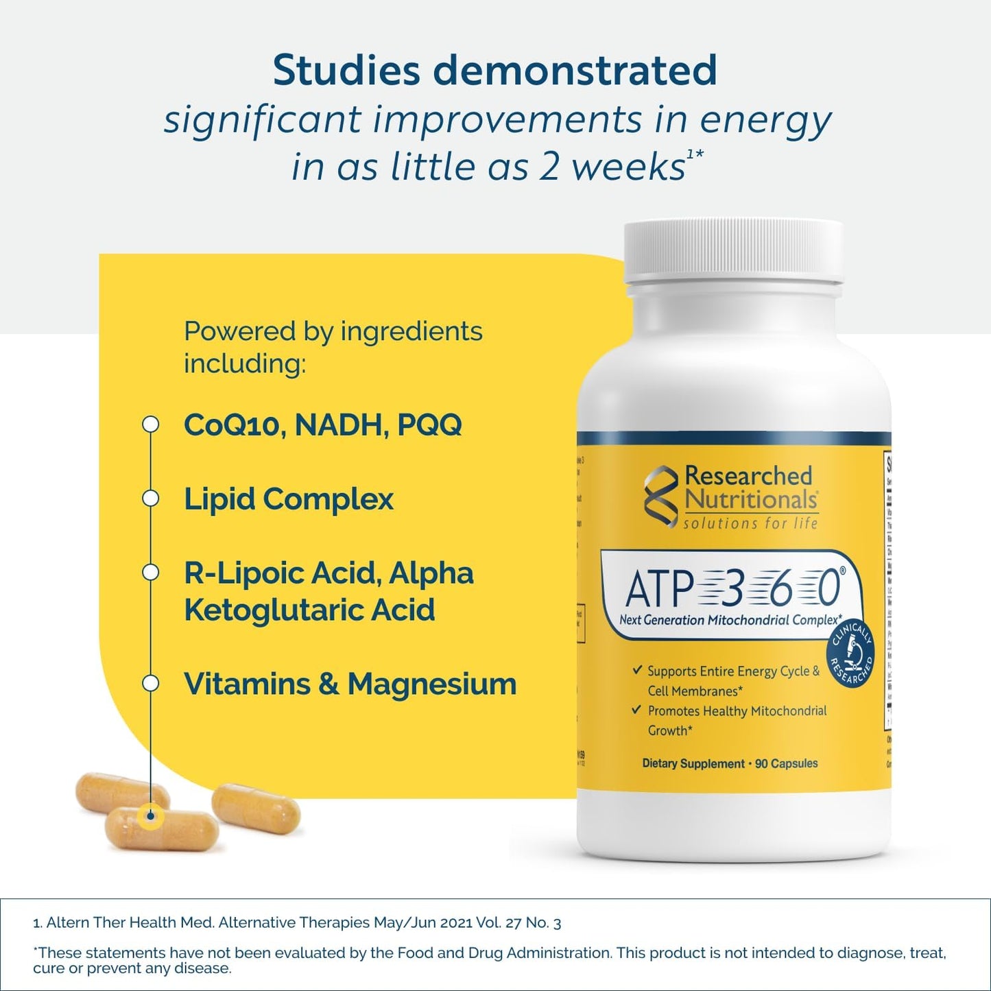 Researched Nutritionals ATP 360 Mitochondrial Supplements - ATP Supplements with Coq 10 & Vitamins for Energy Support - Help Repair Mitochondrial Membranes (90 Capsules)