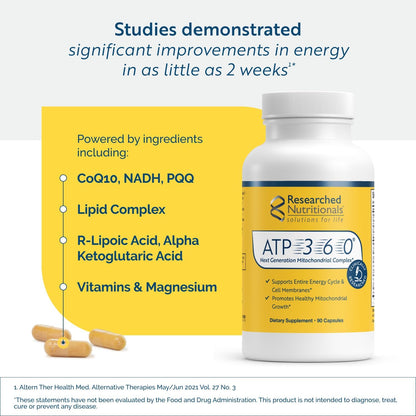 Researched Nutritionals ATP 360 Mitochondrial Supplements - ATP Supplements with Coq 10 & Vitamins for Energy Support - Help Repair Mitochondrial Membranes (90 Capsules)