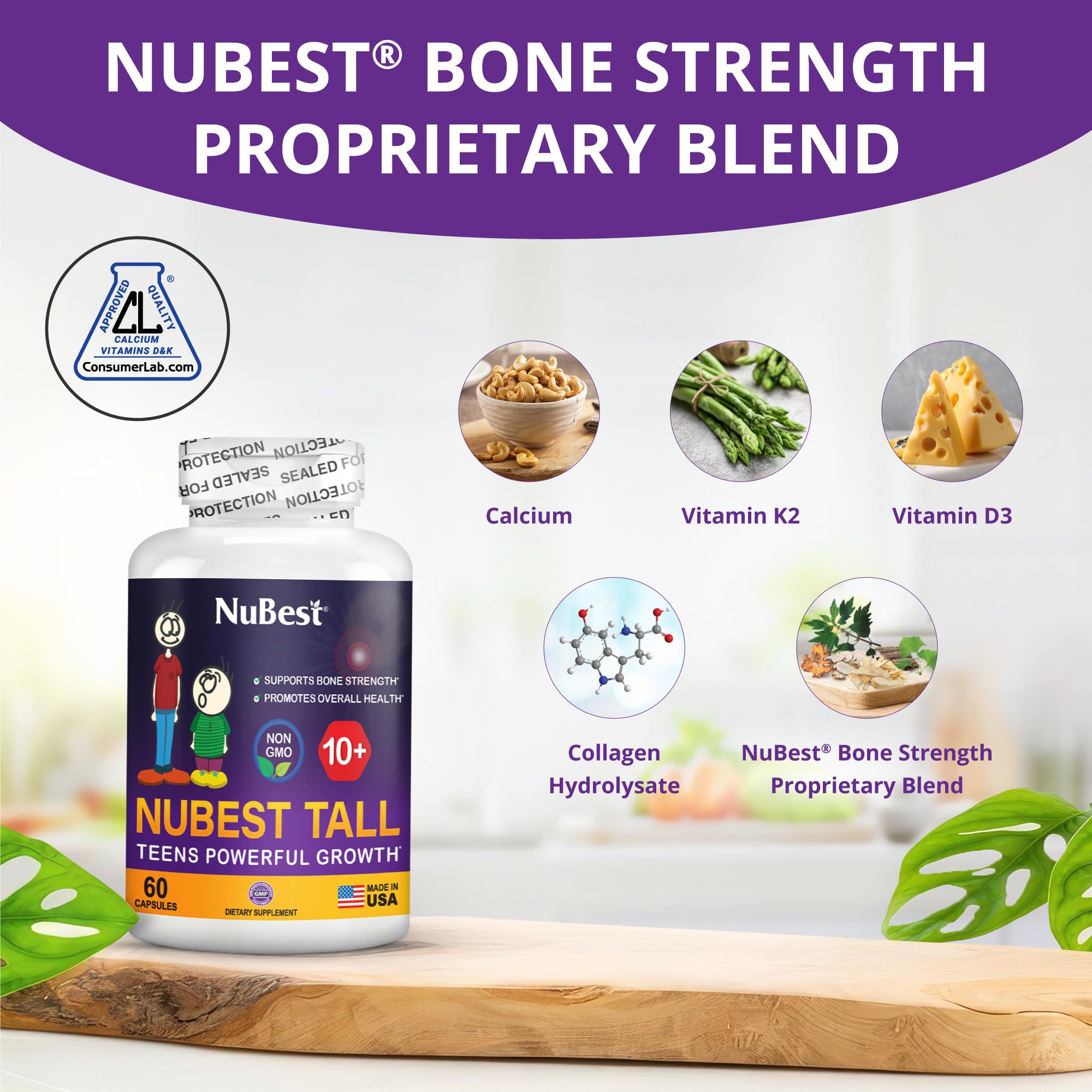 NuBest Tall 10+, Powerful Growth for Kids & Teens (10+), Milk Drinkers, 60 Capsules