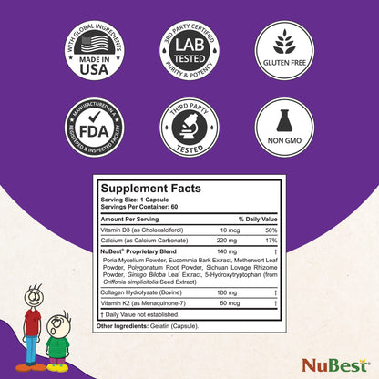 NuBest Tall 10+ Premium Bone Strength Formula, Enhanced Immunity and Overall Health for Age 10+ - Who Drink Milk Daily with Calcium, Vitamin D3, Vitamin K2, and Multivitamins - 60 Capsules