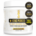 King Maker Maximum Masculinity dietary supplement container, a white plastic jar with a white marble-patterned label featuring gold and black text and graphics, with two circular badges on the top right reading 'VIRAL ON TIKTOK' and 'MADE IN THE USA'.