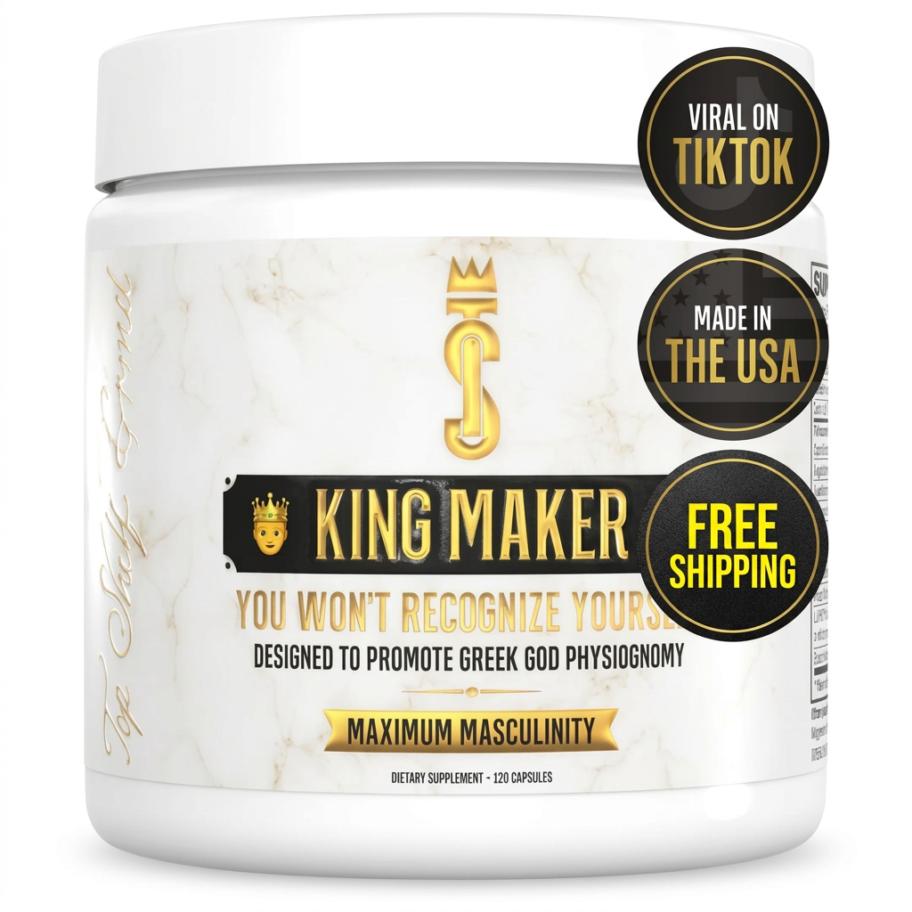 King Maker Maximum Masculinity dietary supplement container, a white plastic jar with a white marble-patterned label featuring gold and black text and graphics, with two circular badges on the top right reading 'VIRAL ON TIKTOK' and 'MADE IN THE USA'.