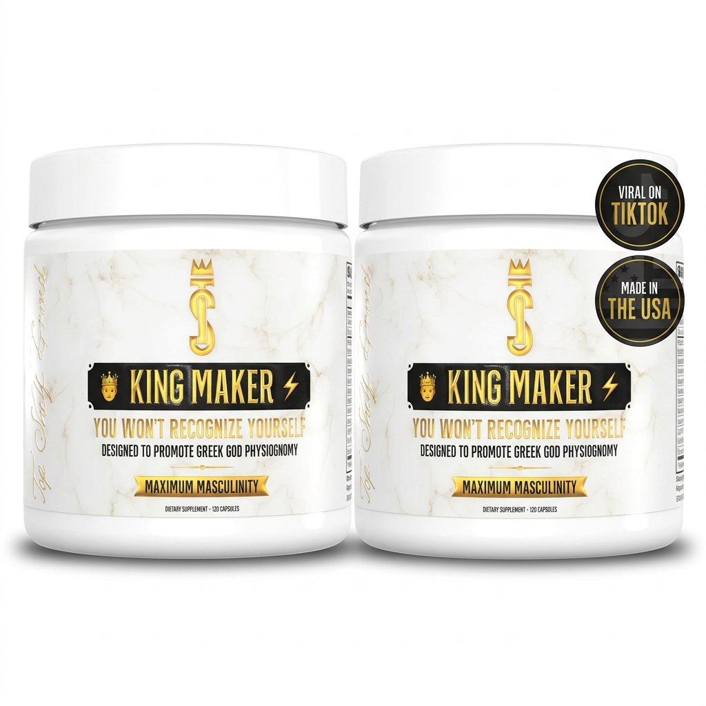 King Maker Maximum Masculinity dietary supplement container, a white plastic jar with a white marble-patterned label featuring gold and black text and graphics, with two circular badges on the top right reading 'VIRAL ON TIKTOK' and 'MADE IN THE USA'.