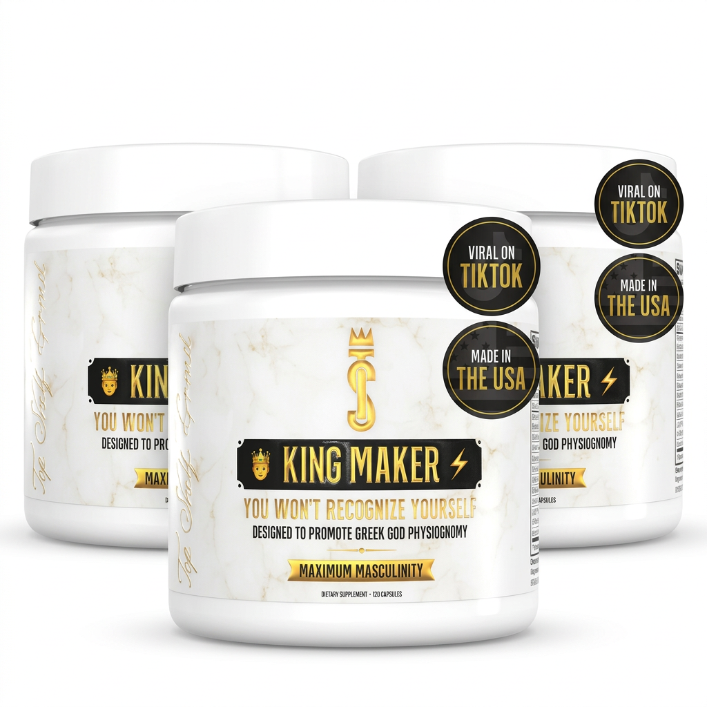 King Maker Maximum Masculinity dietary supplement container, a white plastic jar with a white marble-patterned label featuring gold and black text and graphics, with two circular badges on the top right reading 'VIRAL ON TIKTOK' and 'MADE IN THE USA'.