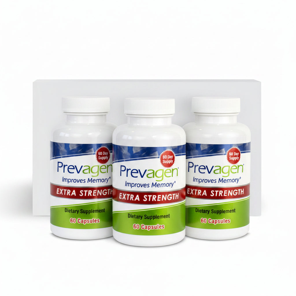 A bottle of Prevagen Improves Memory Extra Strength dietary supplement capsules shown next to its white packaging box on a clean white background.