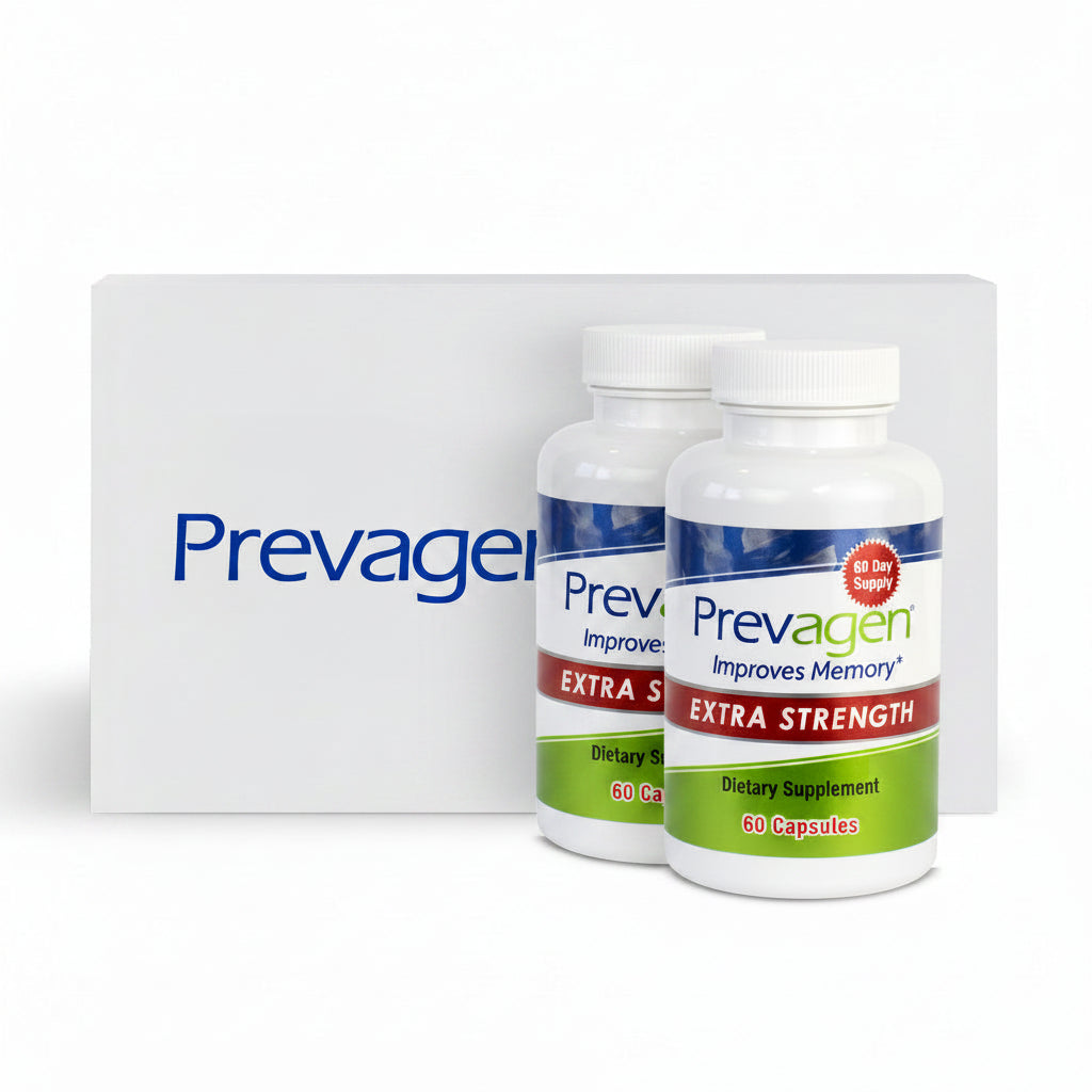 A bottle of Prevagen Improves Memory Extra Strength dietary supplement capsules shown next to its white packaging box on a clean white background.