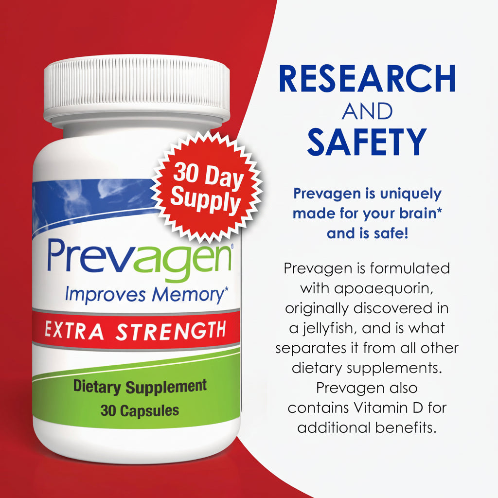 Prevagen dietary supplement bottle with promotional text on a red and white background
