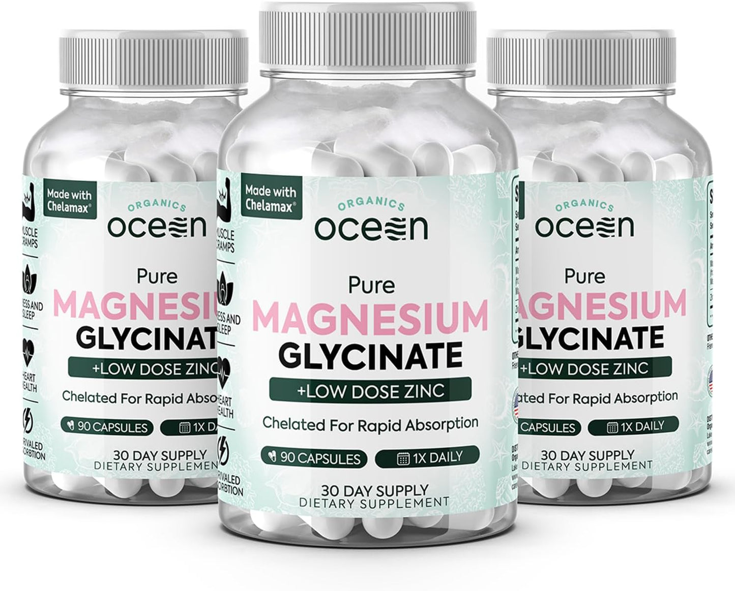Pure Magnesium Glycinate with Zinc - Maximum Strength Chelated Magnesium Supplement for Women and Men for Muscle Cramps and Sleep Support - 90 Capsule