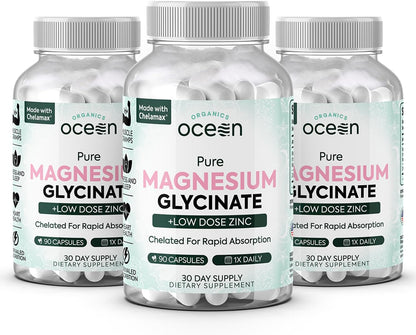 Pure Magnesium Glycinate with Zinc - Maximum Strength Chelated Magnesium Supplement for Women and Men for Muscle Cramps and Sleep Support - 90 Capsule