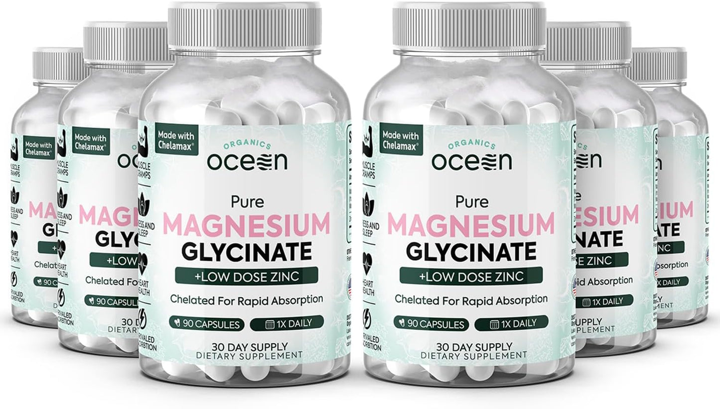 Pure Magnesium Glycinate with Zinc - Maximum Strength Chelated Magnesium Supplement for Women and Men for Muscle Cramps and Sleep Support - 90 Capsule