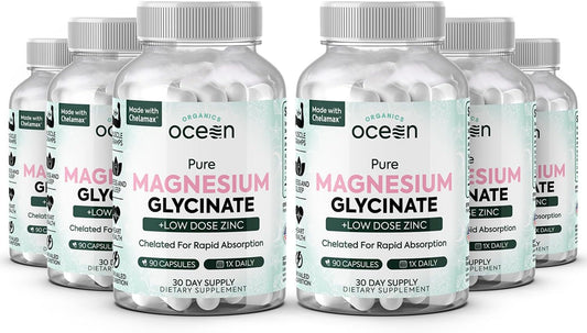 Pure Magnesium Glycinate with Zinc - Maximum Strength Chelated Magnesium Supplement for Women and Men for Muscle Cramps and Sleep Support - 90 Capsule
