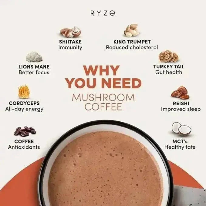 RYZE SUPERFOODS Mushroom Medium Roast Coffee USDA Organic with 6 Adaptogenic Mushrooms, USA Grown Instant Coffee for Better Energy, Focus Digestion Immunity with Lions Mane & Turkey Tail 30 Servings